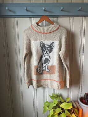 Aerie Dog Graphic Knit Sweater Cream Oversized Cozy Size S